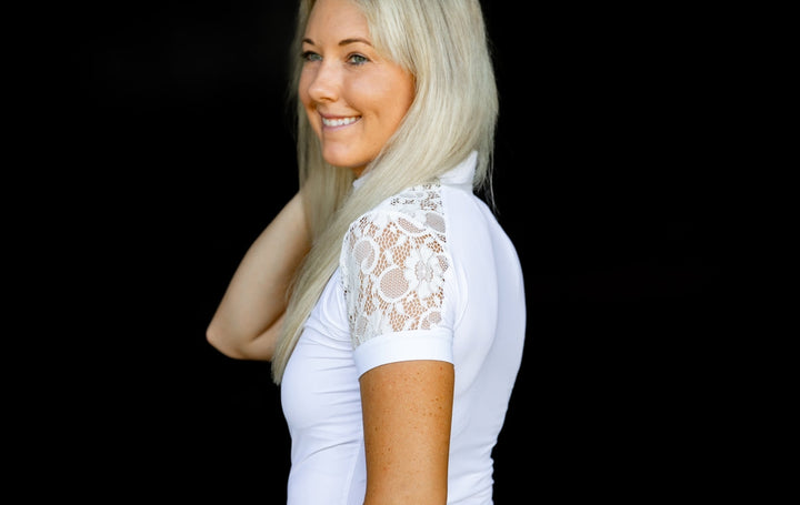 Short Sleeve Quarter Zip Lace Riding Shirt- White