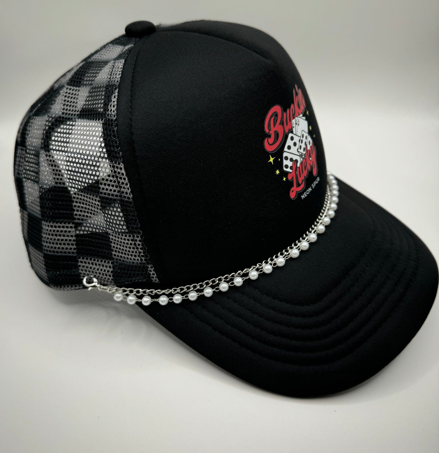 Buckin Lucky Checkered Mesh Trucker Hat w/ Pearl Chain