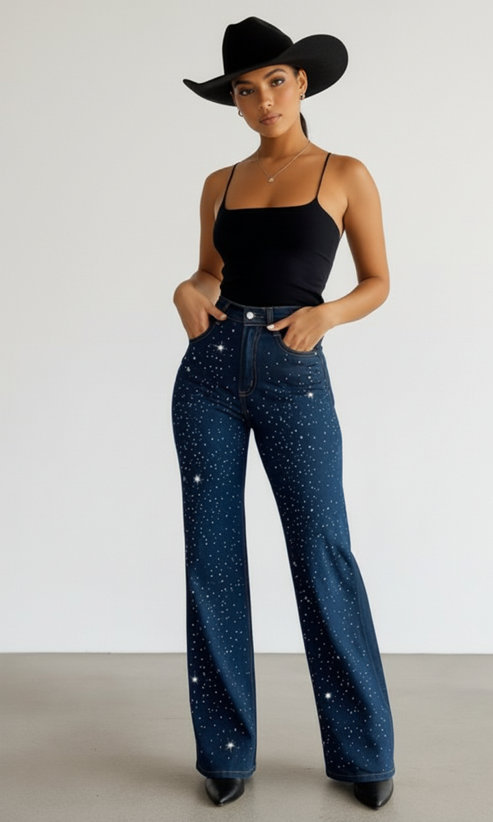 Dark Wash Wide Leg Rhinestone Jeans