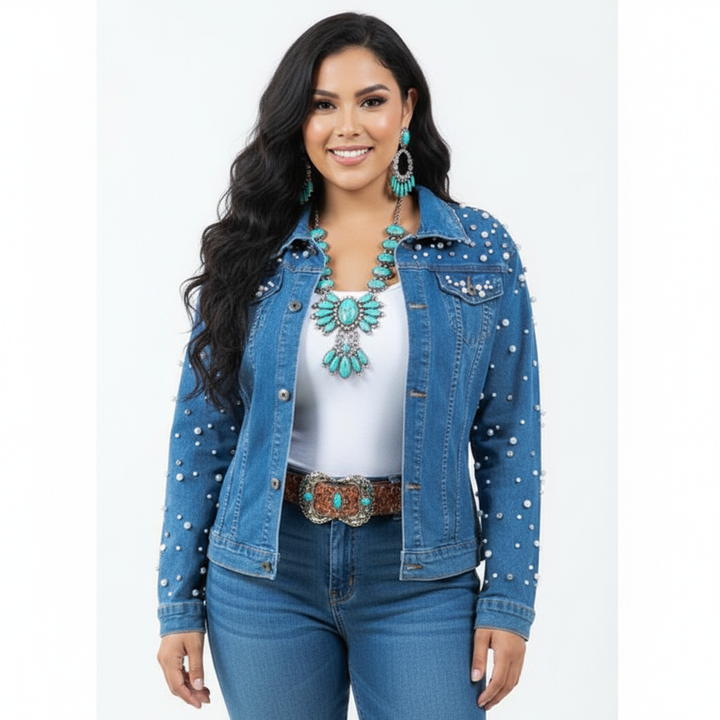 Radiant Pearls Rhinestone Jean Jacket
