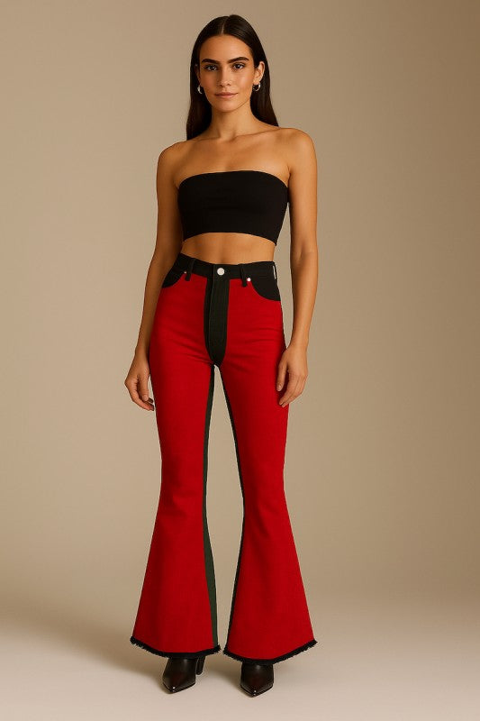 Red Suede Chap Panel Bell Bottom Jeans -32” Inseam GJG Denim