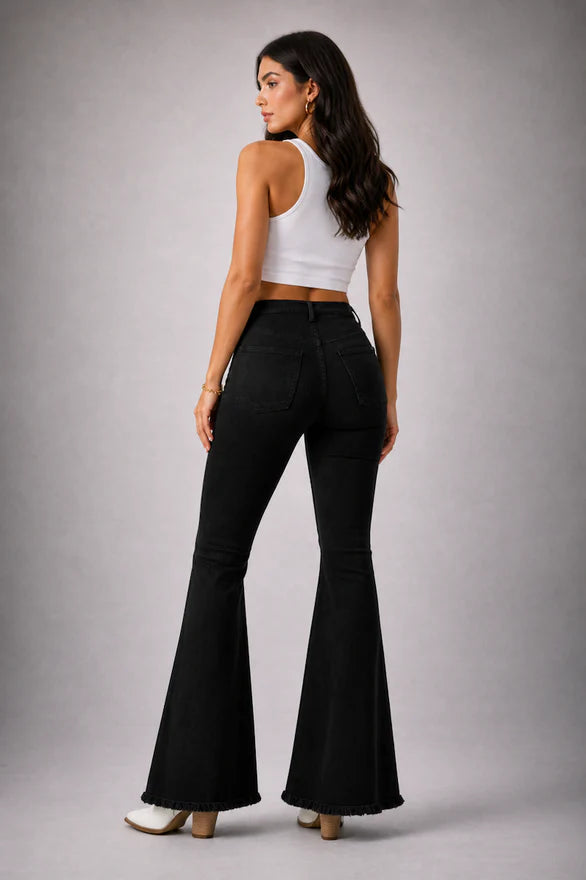 Black Denim Star Rhinestone Bell Bottom Jeans -32” Inseam GJG Denim