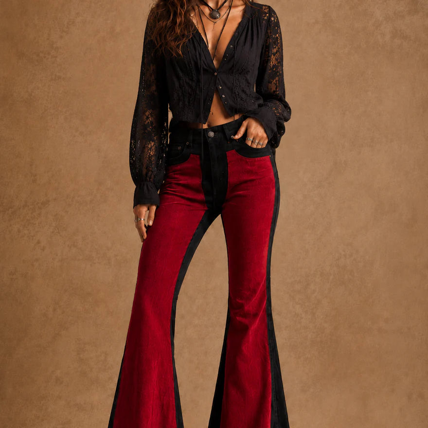 Red Suede Chap Panel Bell Bottom Jeans -32” Inseam GJG Denim