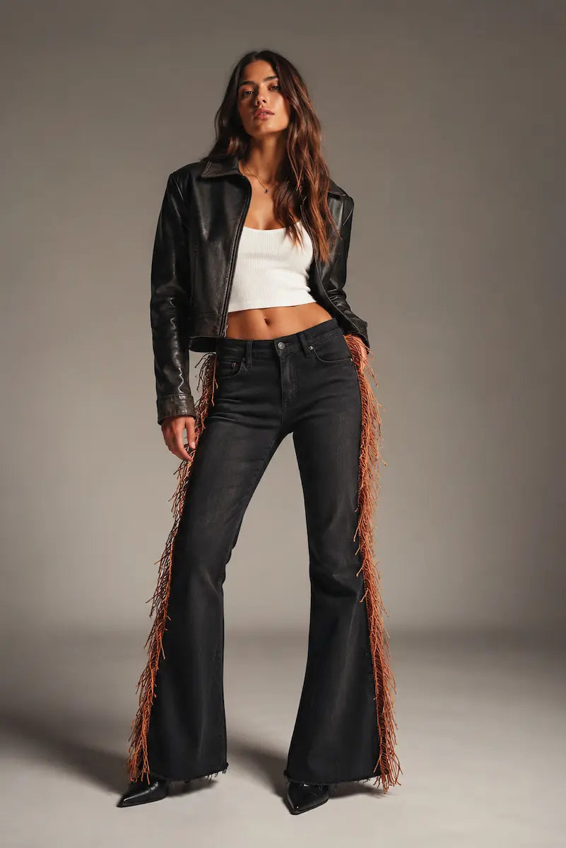 Brown Fringe Texas Sun Bell Bottom Jeans