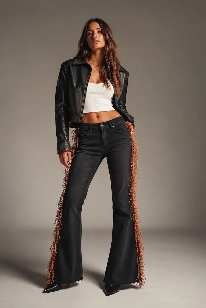 Brown Fringe Texas Sun Bell Bottom Jeans