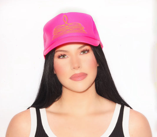 Neon Pink Boot Stitch Embroidered Trucker Hat