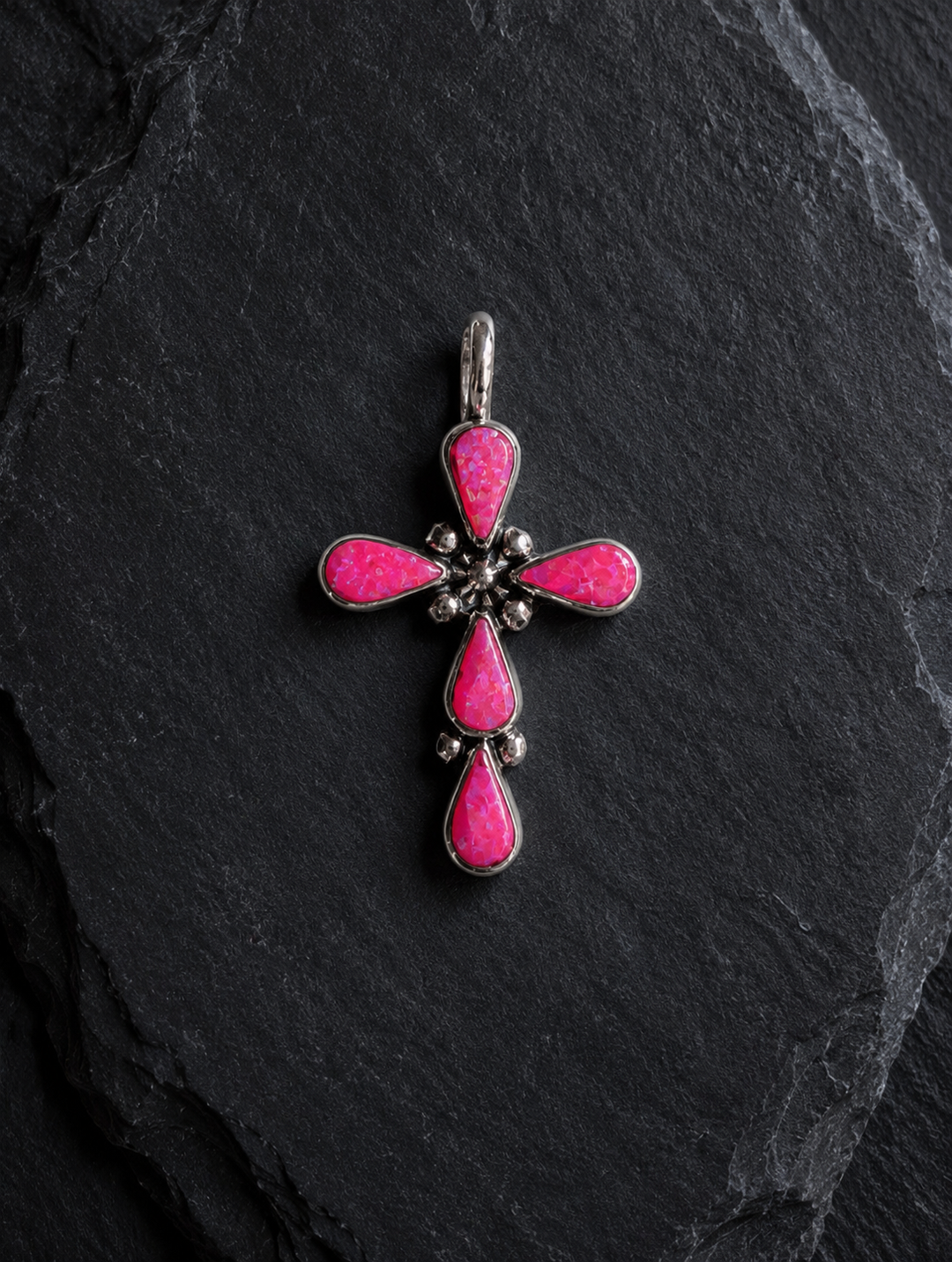 Handcrafted Hot Pink Fire Opal Sterling Silver Cross Pendant Nizhoni Traders LLC