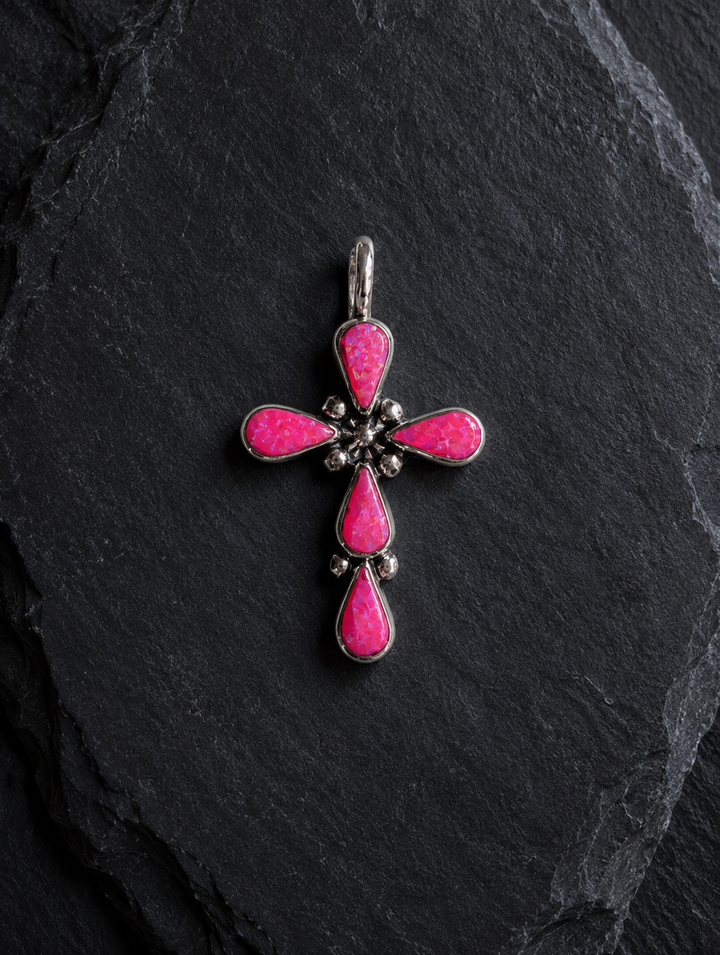 Handcrafted Hot Pink Fire Opal Sterling Silver Cross Pendant Nizhoni Traders LLC