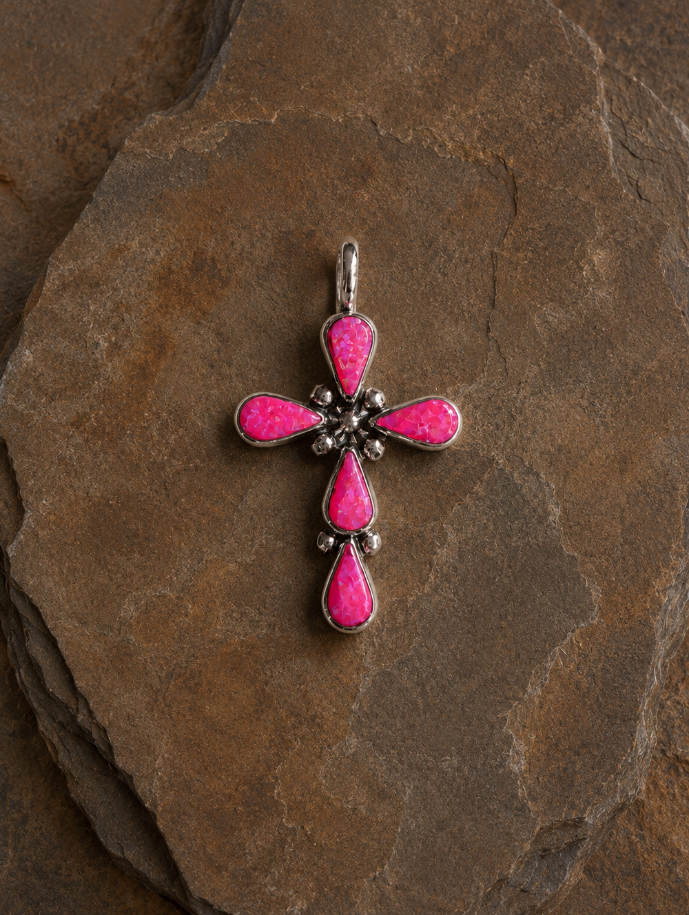 Handcrafted Hot Pink Fire Opal Sterling Silver Cross Pendant Nizhoni Traders LLC
