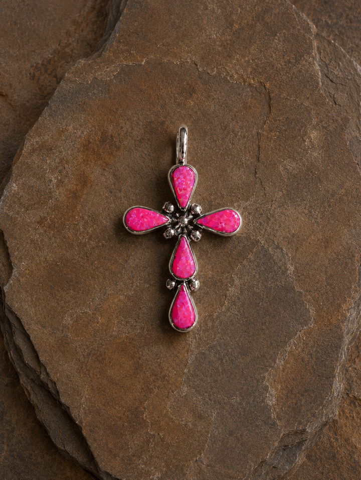Handcrafted Hot Pink Fire Opal Sterling Silver Cross Pendant Nizhoni Traders LLC