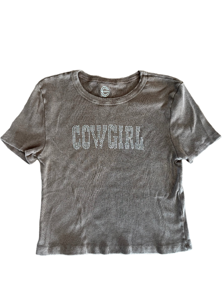 Cowgirl Studded Babydoll Ribbed Crop Tee