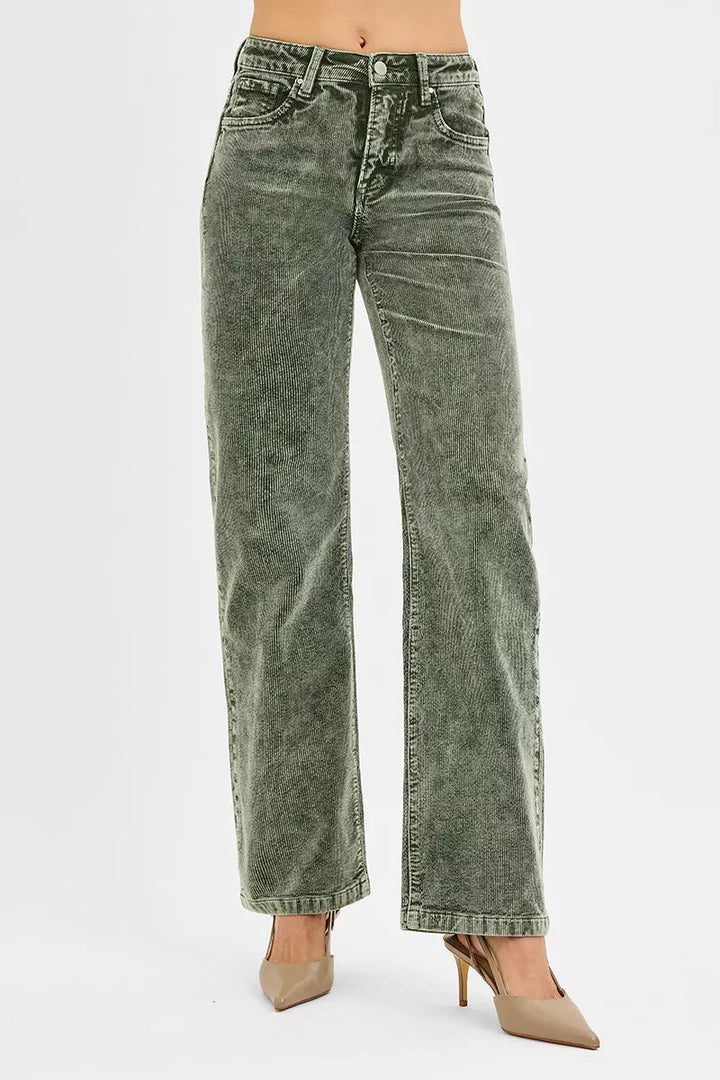 Risen Tummy Control Mid Rise Straight Leg Corduroy Pants
