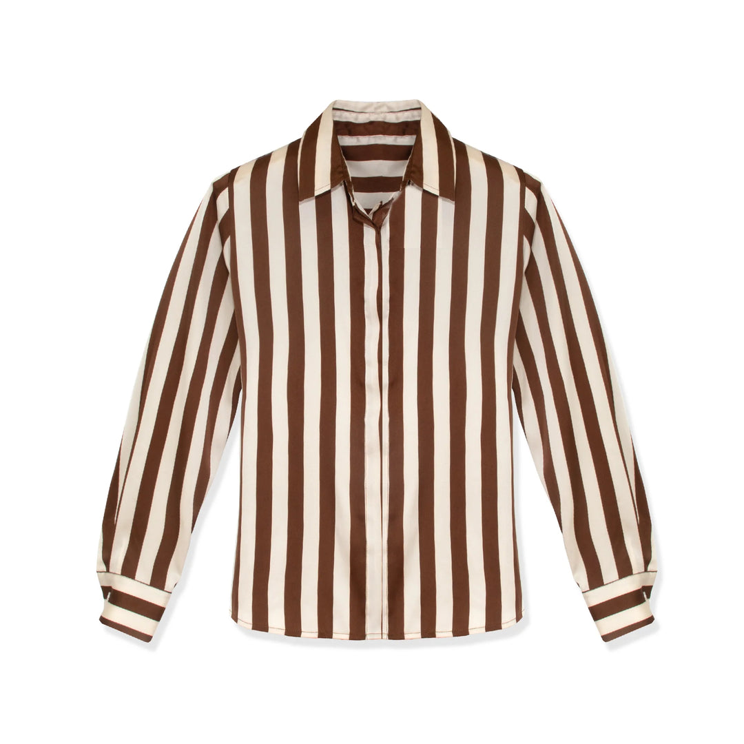 Brown & White Striped Button Up Blouse
