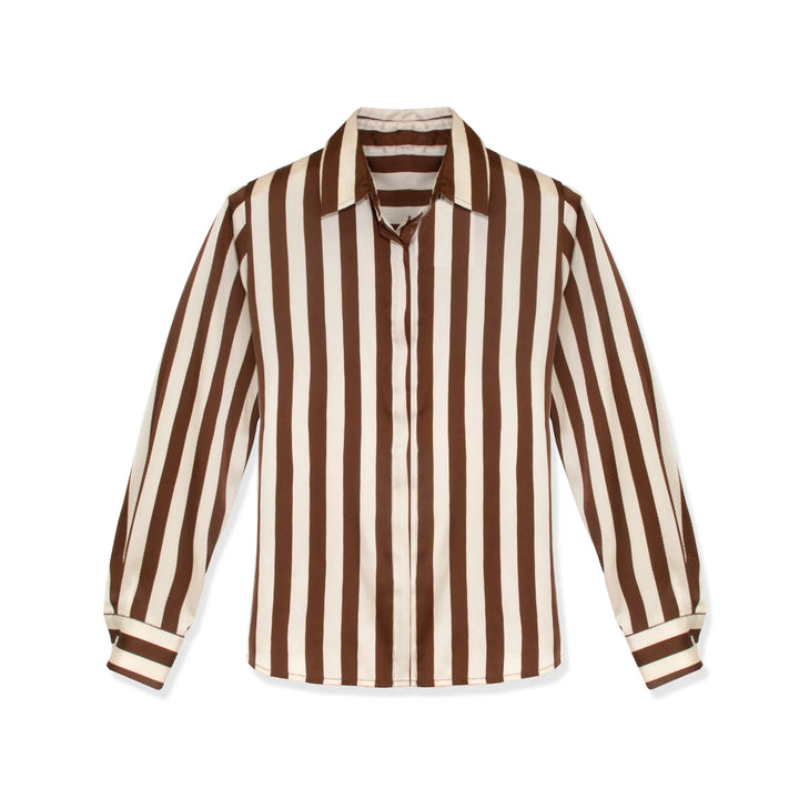 Brown & White Striped Button Up Blouse
