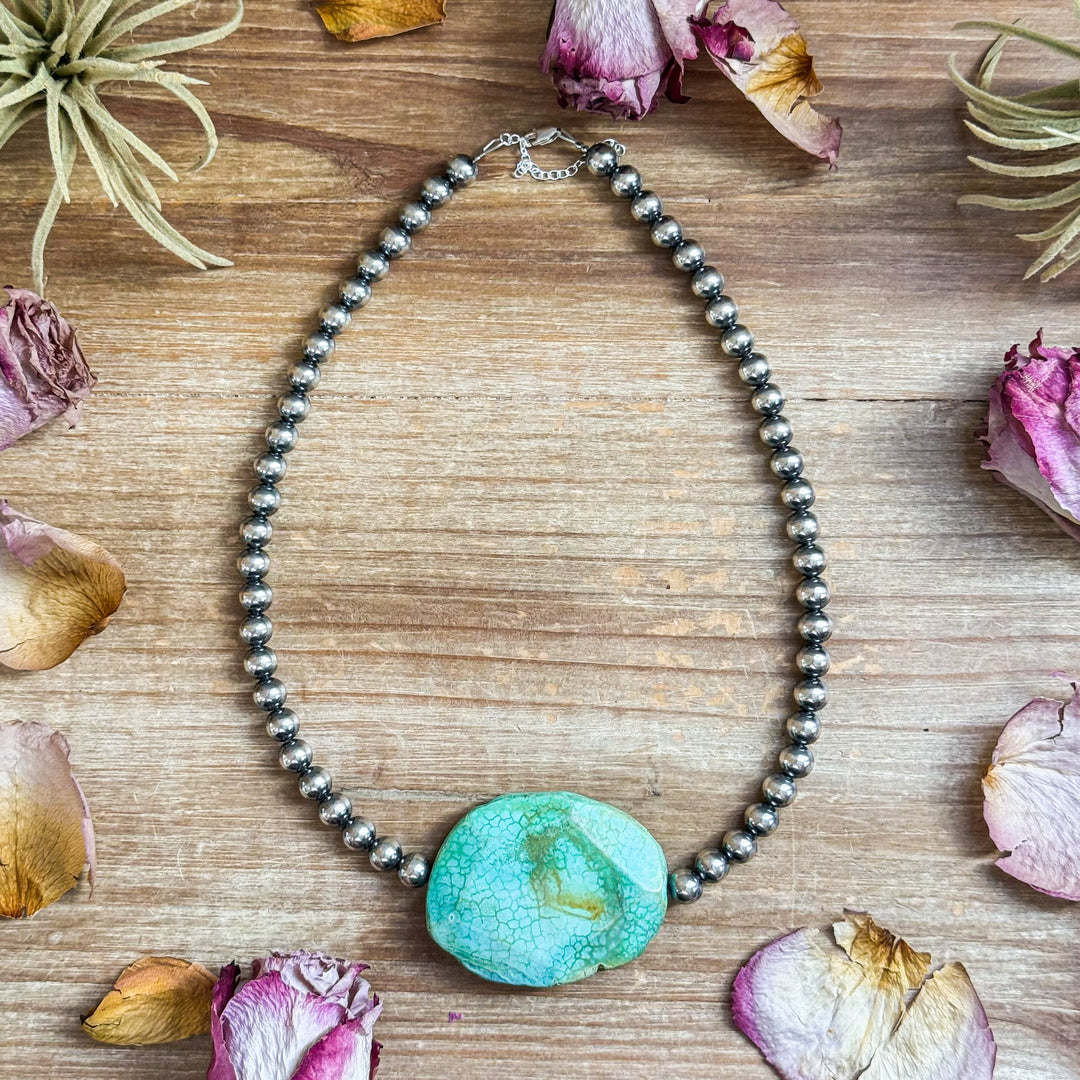 Turquoise Nugget & 8mm Sterling Silver Pearl Necklace – 17”