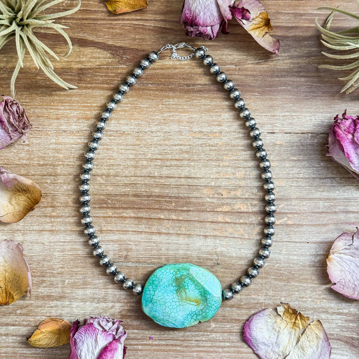 Turquoise Nugget & 8mm Sterling Silver Pearl Necklace – 17”