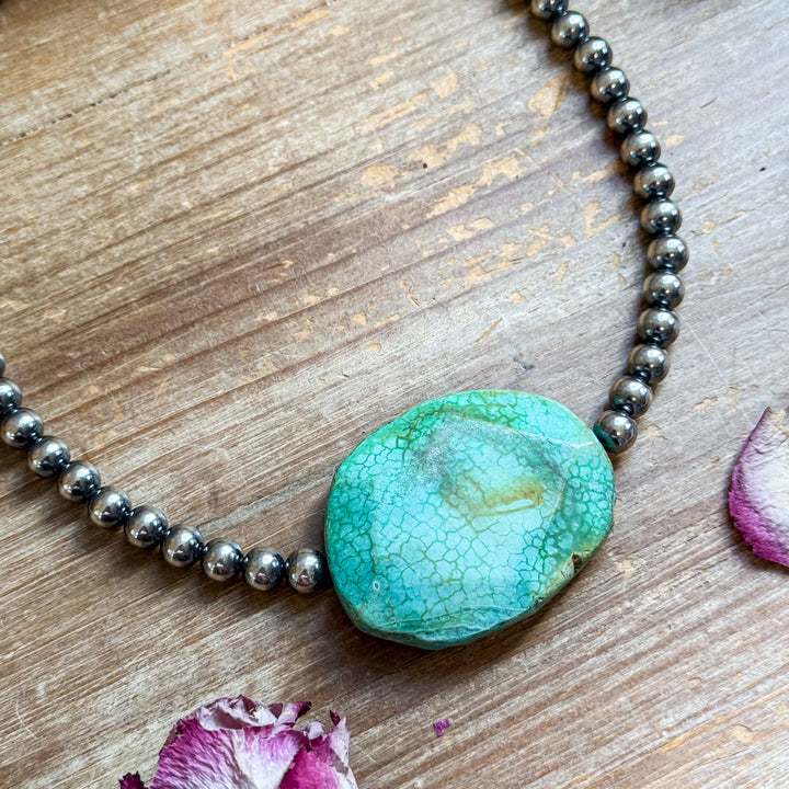 Turquoise Nugget & 8mm Sterling Silver Pearl Necklace – 17”