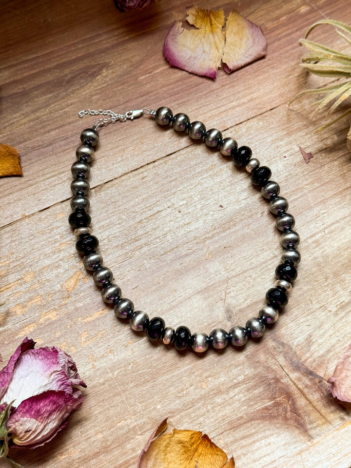 Black Onyx & Sterling Silver 14” Pearl Choker