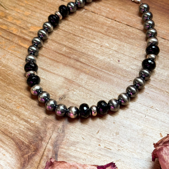 Black Onyx & Sterling Silver 14” Pearl Choker