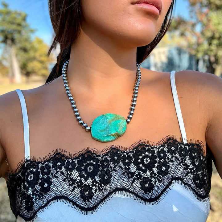 Turquoise Nugget & 8mm Sterling Silver Pearl Necklace – 17”