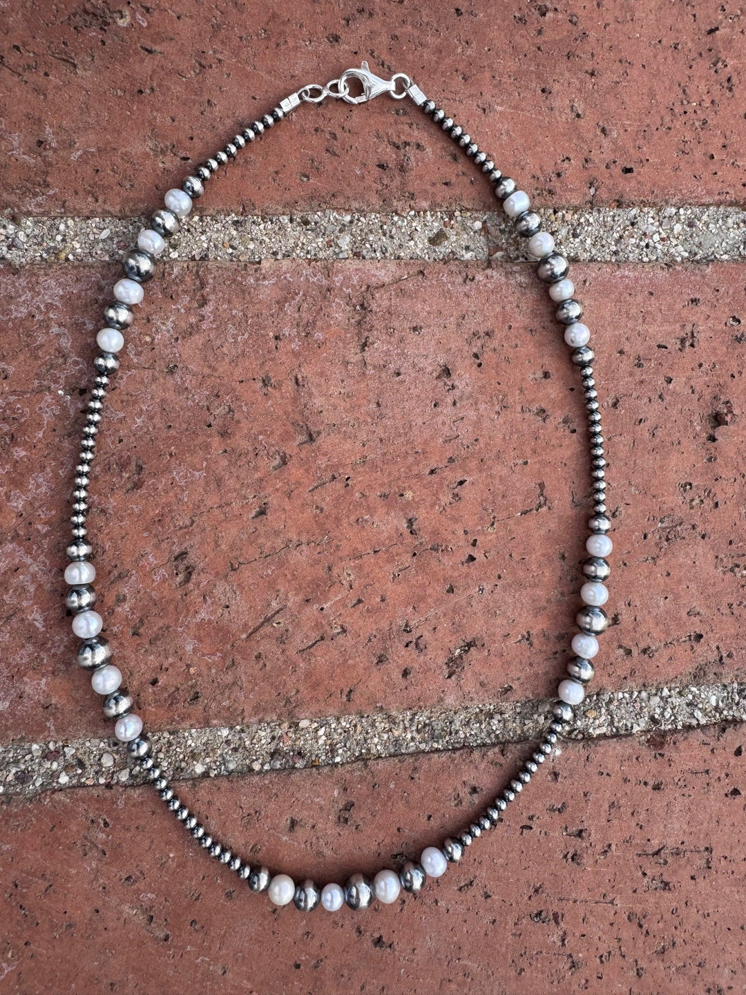 Handcrafted Mother of Pearl & Sterling Silver Pearl 3-8mm Beaded Necklace 18"
