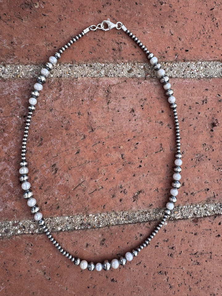 Handcrafted Mother of Pearl & Sterling Silver Pearl 3-8mm Beaded Necklace 18"