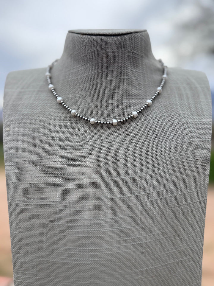 Handcrafted Mother of Pearl & Sterling Silver Pearl 3mm Beaded Necklace 16"