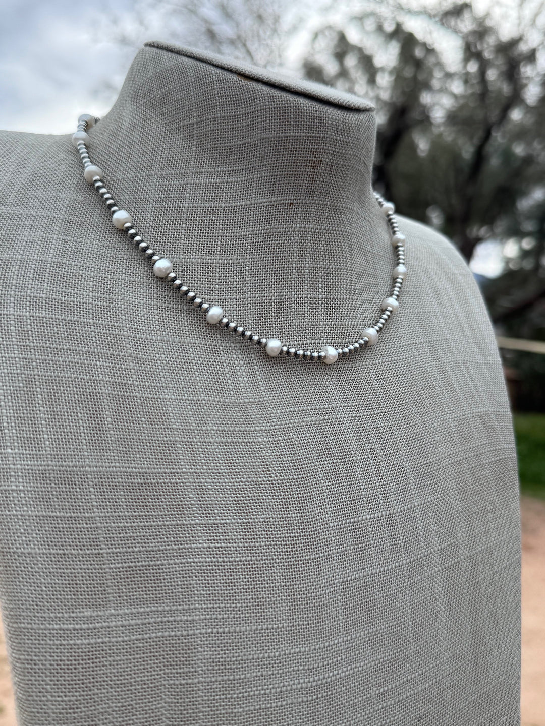 Handcrafted Mother of Pearl & Sterling Silver Pearl 3mm Beaded Necklace 16"
