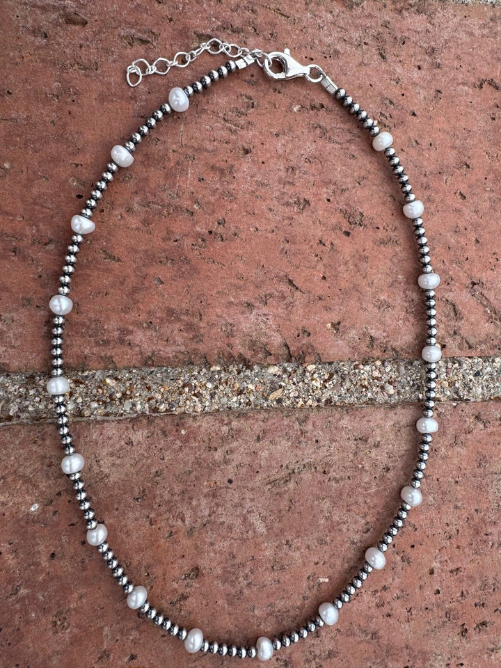 Handcrafted Mother of Pearl & Sterling Silver Pearl 3mm Beaded Necklace 16"
