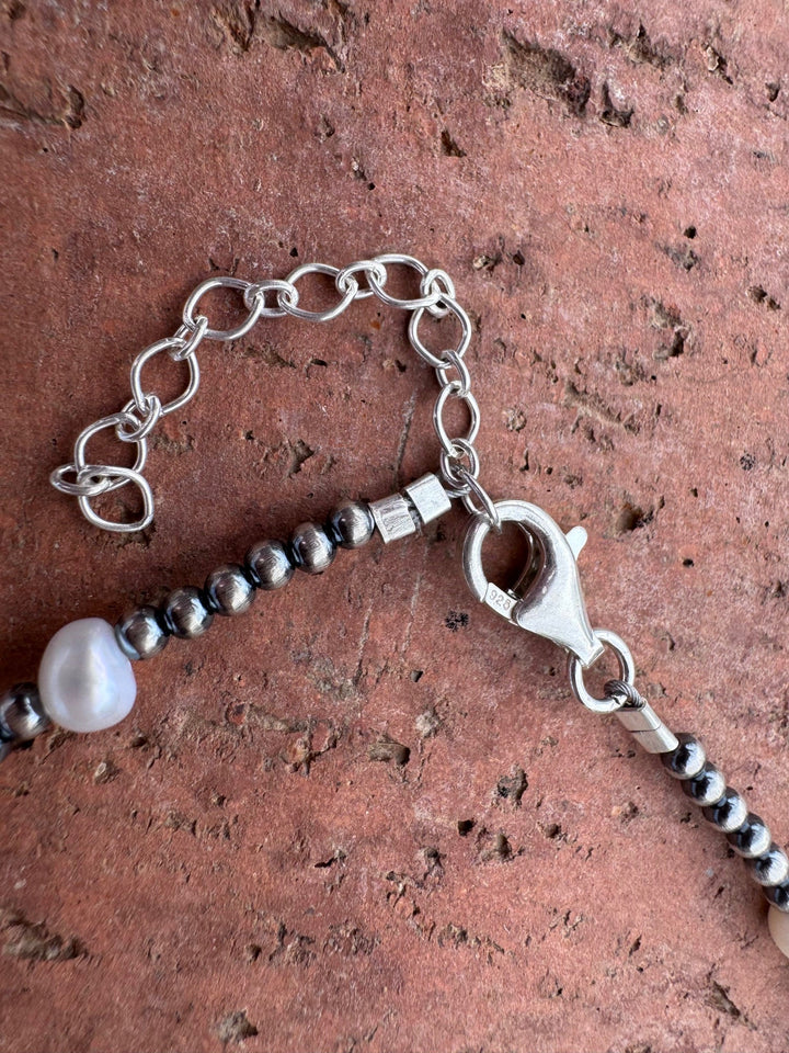 Handcrafted Mother of Pearl & Sterling Silver Pearl 3mm Beaded Necklace 16"