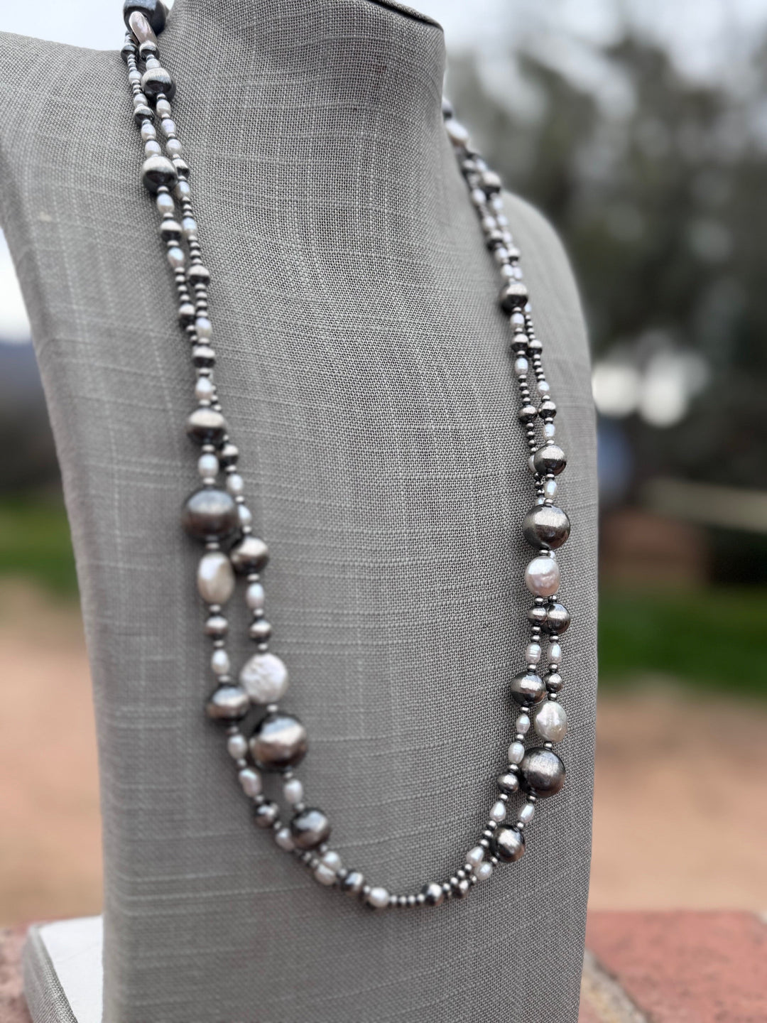 Handcrafted Mother of Pearl & Sterling Silver Pearl 3-14mm Beaded 58” Necklace
