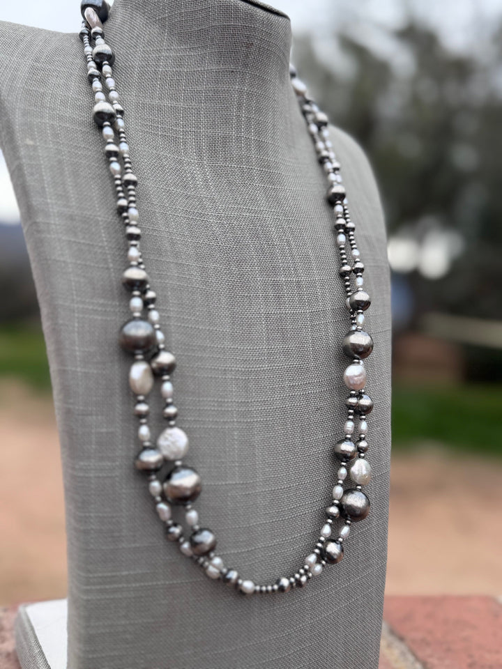 Handcrafted Mother of Pearl & Sterling Silver Pearl 3-14mm Beaded 58” Necklace