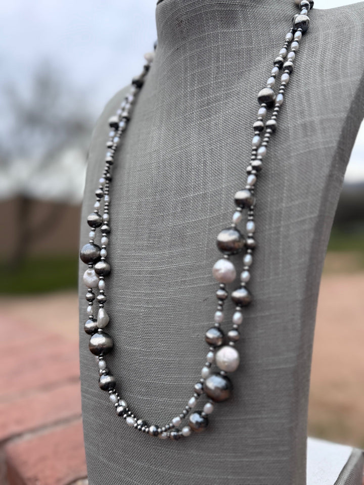 Handcrafted Mother of Pearl & Sterling Silver Pearl 3-14mm Beaded 58” Necklace