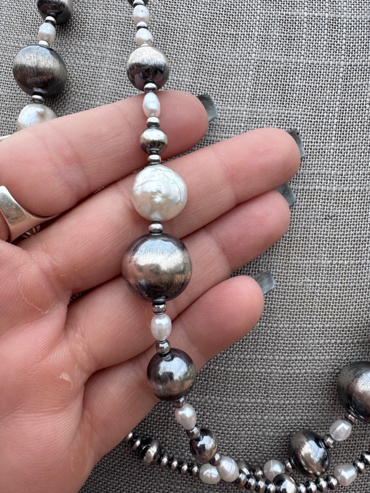 Handcrafted Mother of Pearl & Sterling Silver Pearl 3-14mm Beaded 58” Necklace
