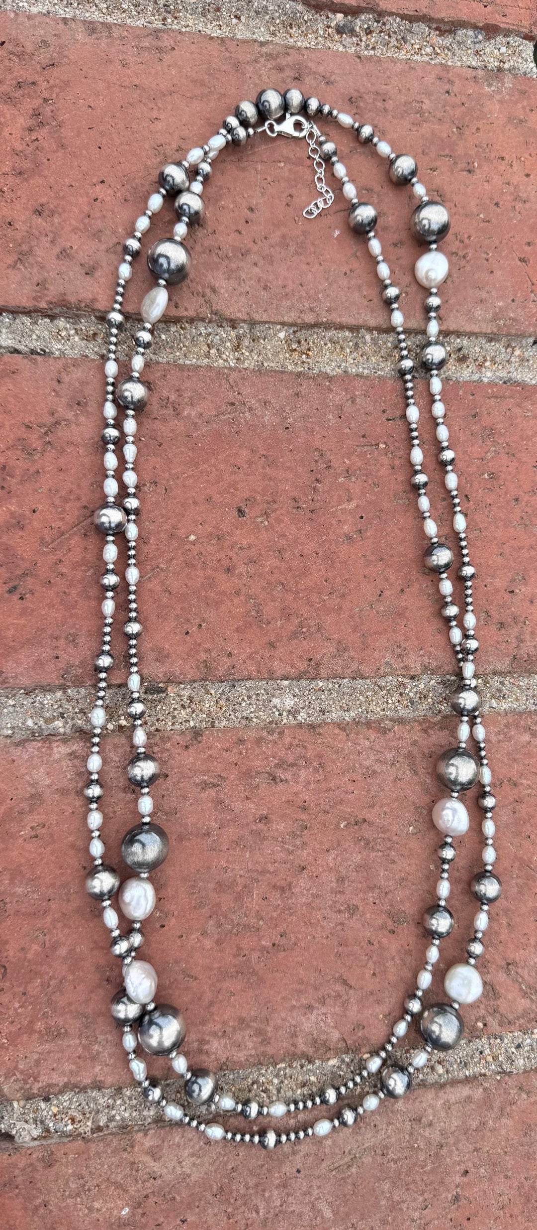 Handcrafted Mother of Pearl & Sterling Silver Pearl 3-14mm Beaded 58” Necklace