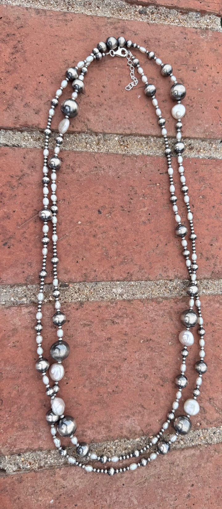 Handcrafted Mother of Pearl & Sterling Silver Pearl 3-14mm Beaded 58” Necklace