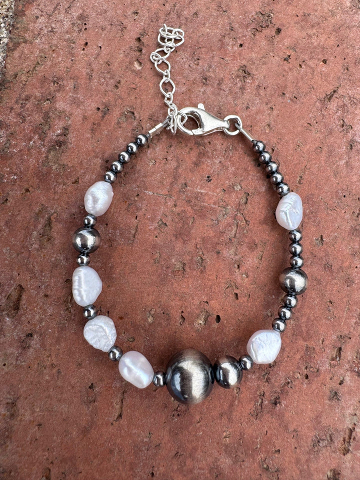 Handcrafted Mother of Pearl & Sterling Silver Pearl 3-12mm Beaded Bracelet 6.5"