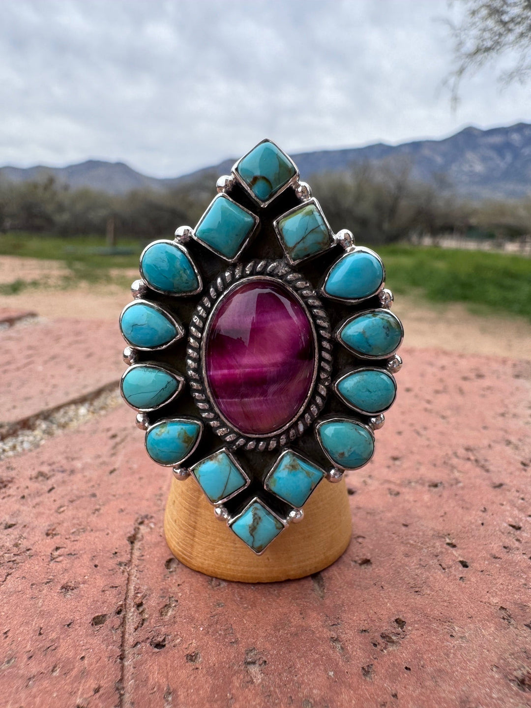Beautiful Handmade Turquoise, Pink Tigers Eye And Sterling Silver Adjustable Ring Nizhoni Traders LLC