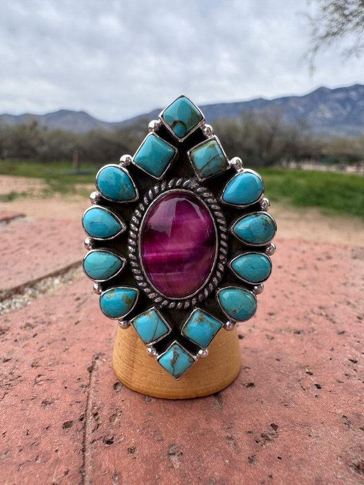 Beautiful Handmade Turquoise, Pink Tigers Eye And Sterling Silver Adjustable Ring Nizhoni Traders LLC