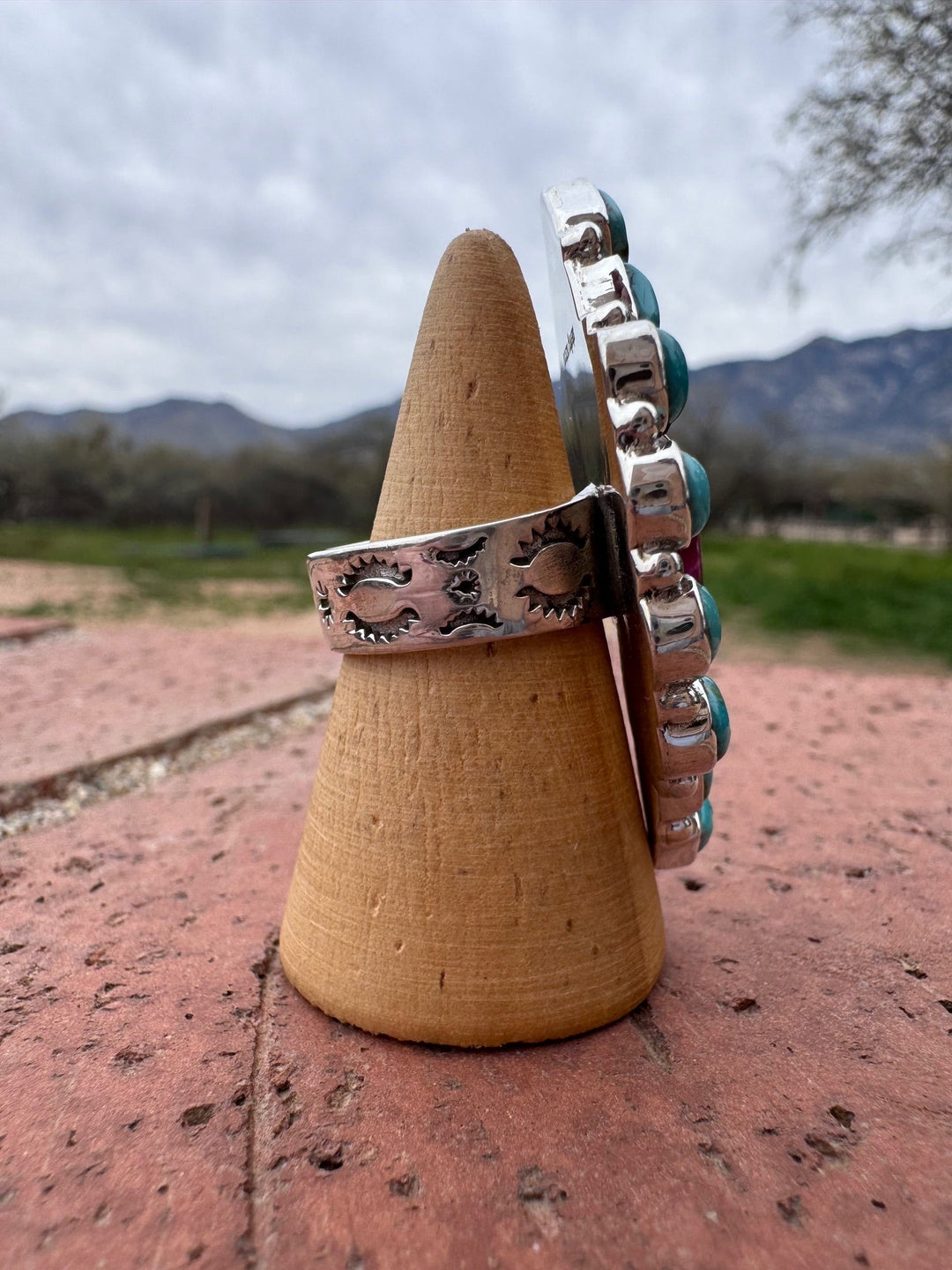 Beautiful Handmade Turquoise, Pink Tigers Eye And Sterling Silver Adjustable Ring Nizhoni Traders LLC