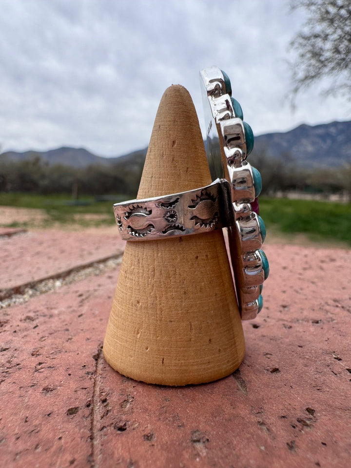 Beautiful Handmade Turquoise, Pink Tigers Eye And Sterling Silver Adjustable Ring Nizhoni Traders LLC