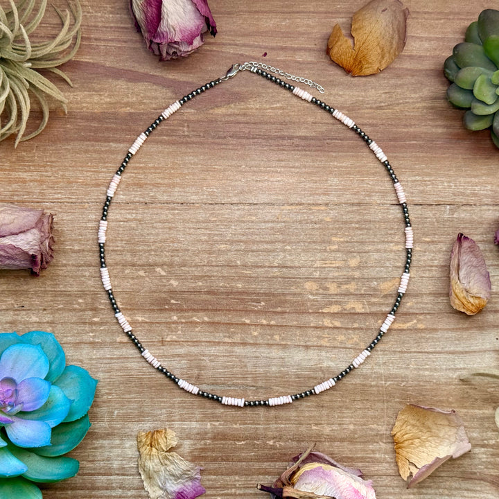Pink Conch Heishi & 3mm Sterling Silver Pearl Necklace -20 inch
