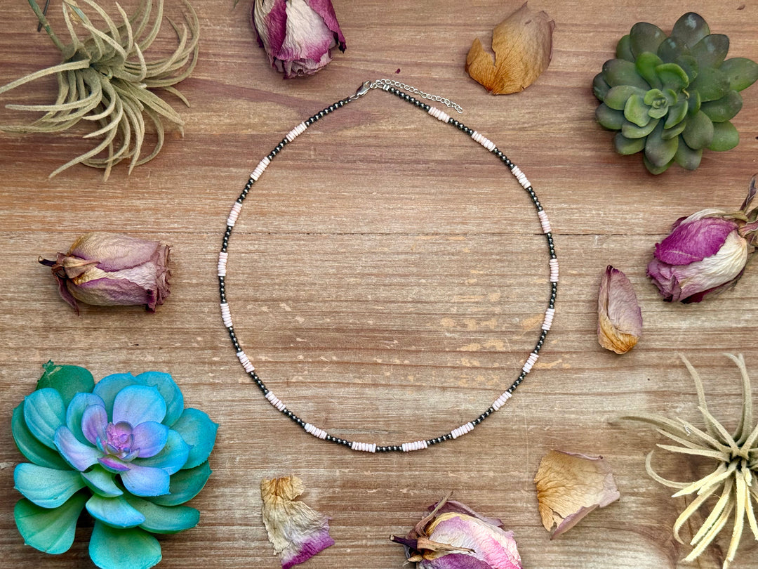 Pink Conch Heishi & 3mm Sterling Silver Pearl Necklace -20 inch