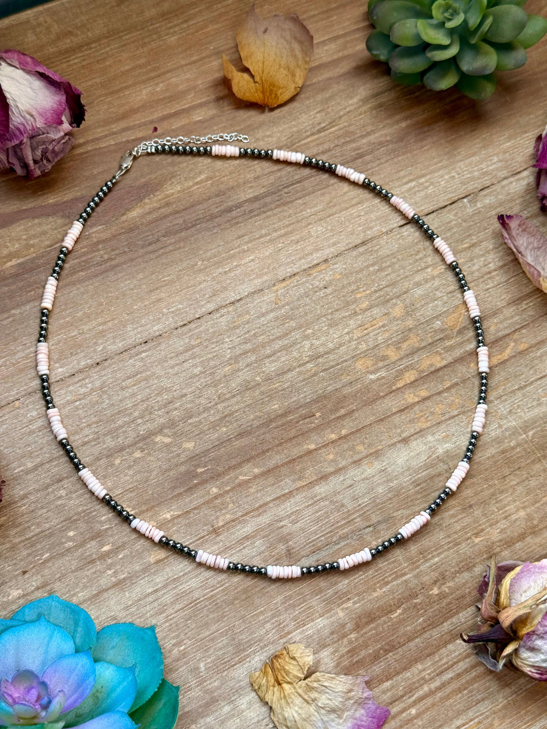 Pink Conch Heishi & 3mm Sterling Silver Pearl Necklace -20 inch