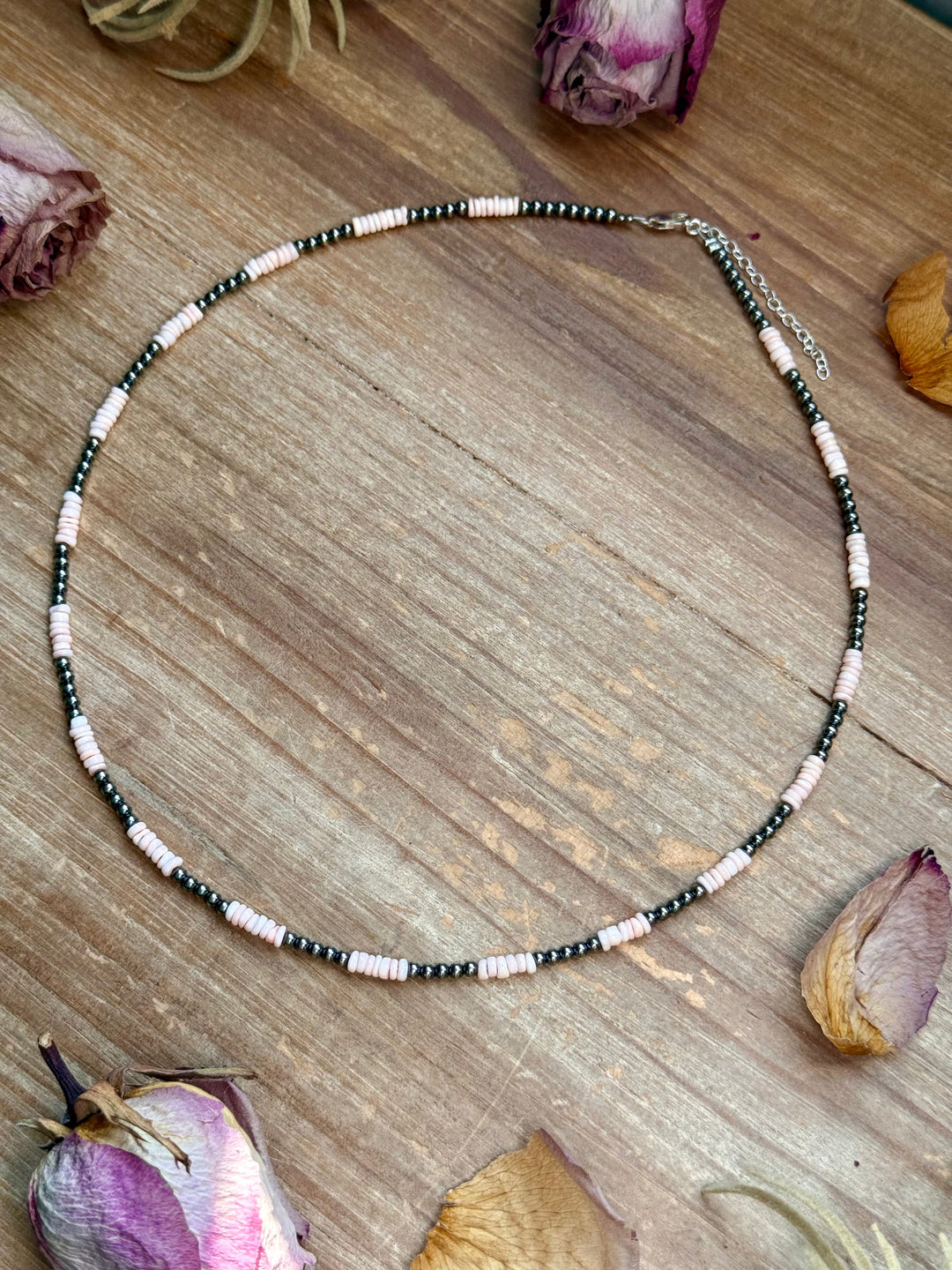 Pink Conch Heishi & 3mm Sterling Silver Pearl Necklace -20 inch