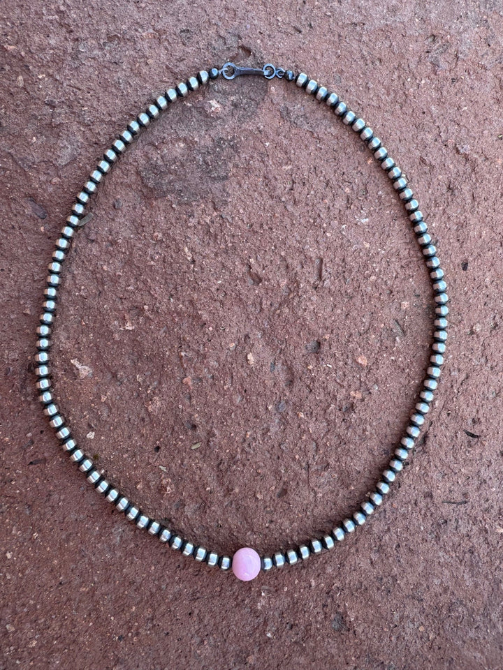 Handcrafted Sterling Silver & Pink Conch 4mm beaded Necklace Nizhoni Traders LLC