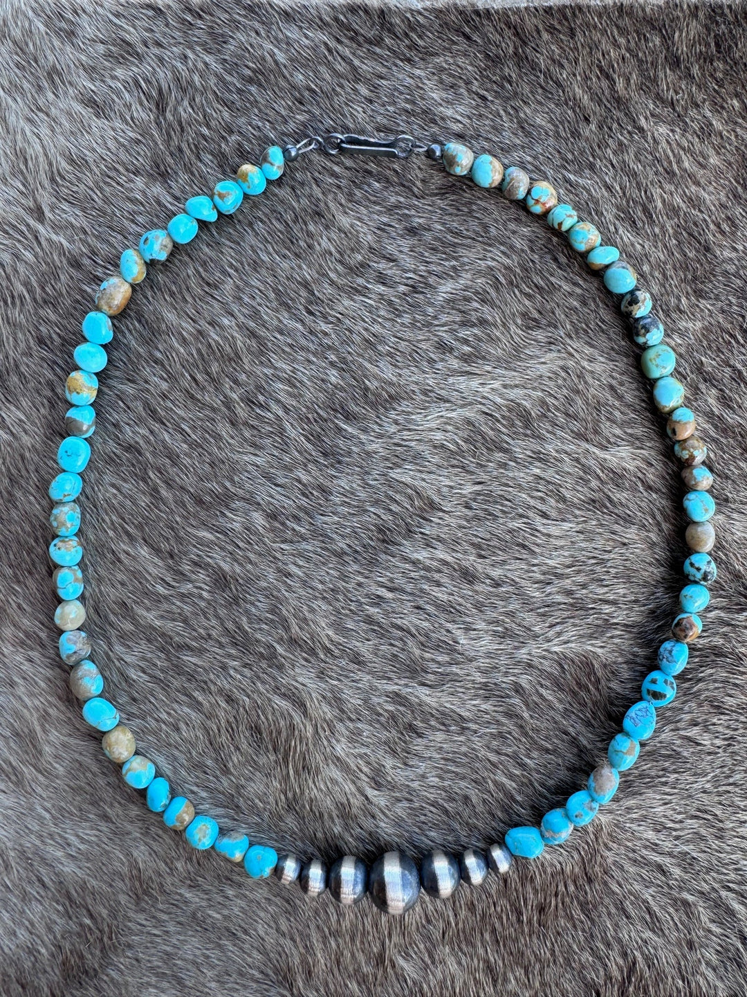 Handcrafted Kingman Turquoise & Sterling Silver 5-10mm Beaded Necklace Nizhoni Traders LLC