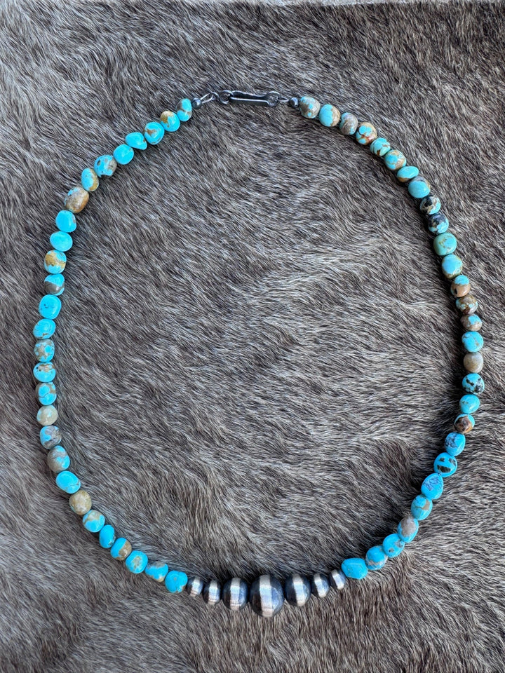 Handcrafted Kingman Turquoise & Sterling Silver 5-10mm Beaded Necklace Nizhoni Traders LLC