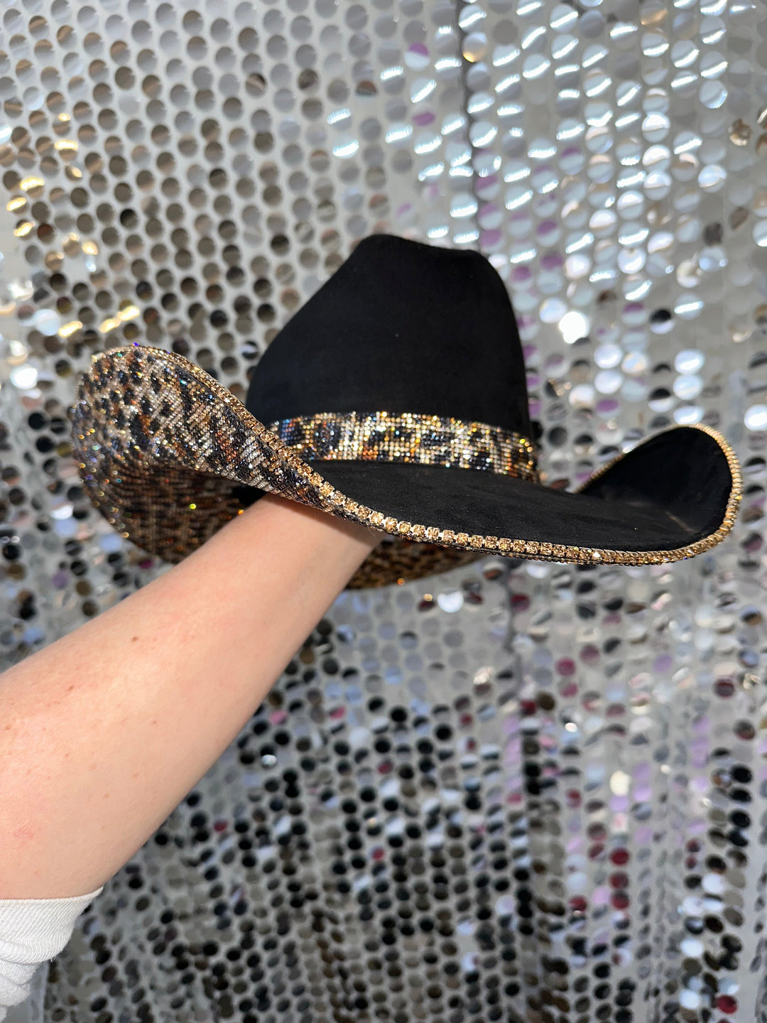 Black Suede & Brown Leopard Rhinestones Cowboy Hat