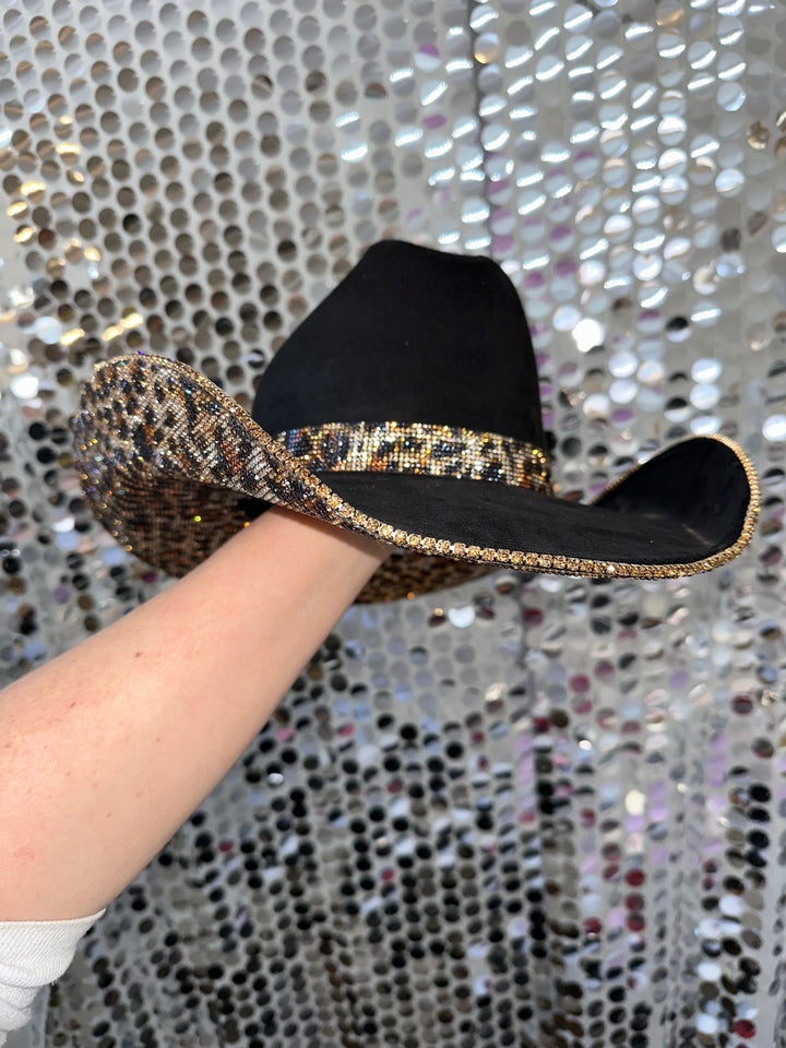 Black Suede & Brown Leopard Rhinestones Cowboy Hat
